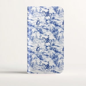 Western Toile Wallet Card Holder Custodia per telefono per iPhone 16 15 Pro Max Galaxy S25 S24 Plus Ultra Pixel Vintage Blu e Bianco Estetica country