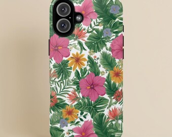 Funda para teléfono con estampado floral de isla tropical, diseño vibrante de hibisco y hojas de palma para iPhone 16 15 14 Pro Max Galaxy S25 S24, funda tipo cartera, tarjetero.
