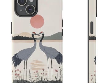 Elegant Crane Minimalist Japanese Inspired Design Tough Phone Case iPhone 16 15 14 13 12 11 XR Pro Max, Galaxy S24 S23 S21 Plus Ultra, Pixel