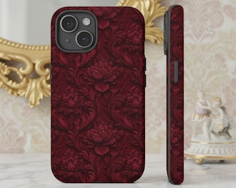 Red Burgundy Baroque Floral Phone Case, Burgundy Damask iPhone Cover, Elegant Vintage Pattern Case, Gothic Victorian Aesthetic Gift for Her