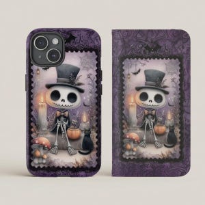 May include: A purple phone case featuring a whimsical Halloween design. The illustration includes a skeleton wearing a top hat, candles, a black cat, and pumpkins. The case has a decorative border and a matching design on the inside cover.
