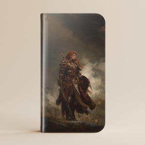 Capa tipo carteira com estampa de guerreira viking, capa com arte de donzela escudeira nórdica para iPhone 16, 15 Pro Max, Galaxy S25 e S24 Plus Ultra, presente de mitologia nórdica