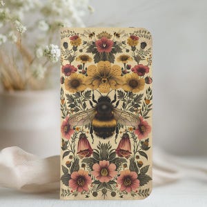 Vintage Bee and Floral Retro Botanical Design Wallet Flip Card holder Phone Case Iphone 13 12 Mini Pro Max Samsung Galaxy S22 S21 Plus Ultra