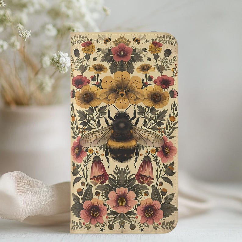 Vintage Bee and Floral Retro Botanical Design Wallet Flip Card holder Phone Case iPhone 13 12 Mini Pro Max Samsung Galaxy S22 S21 Plus Ultra image 1