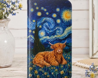 Highland Cow Starry Night Case, Whimsical Art Lover Gift Phone Cover