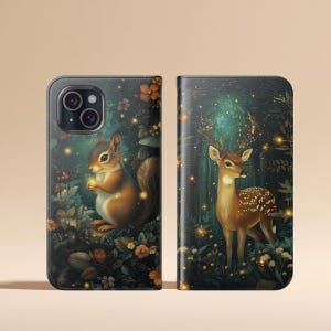 Enchanted Forest Deer and Squirrel Wallet Folio Card holder Phone Case Iphone 16 15 14 13 Pro Max Samsung Galaxy S24 S23 S22 21 Plus Ultra