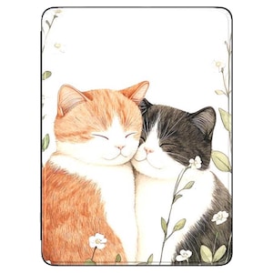 May include: Two cats with closed eyes, one orange and white, the other black and white, are cuddling together. They are surrounded by white flowers and green leaves.