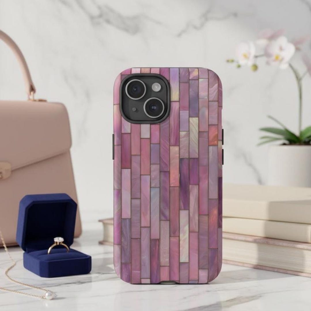 Tile Phone Case Pink Faux Marble Tile Stained Glass Phone Case, Pearlescent Gemstone ...
