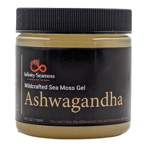 Peut inclure: Un pot en verre transparent avec un couvercle noir et une &eacute;tiquette qui indique "Infinity Seamoss Minerals for the Body Wildcrafted Sea Moss Gel Ashwagandha 4 FL OZ (118ml) You won't feel the difference! You will notice the difference!"