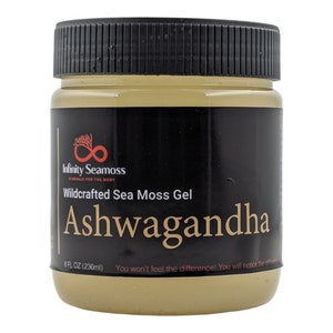 Peut inclure: Un pot noir avec une &eacute;tiquette dor&eacute;e qui indique "Infinity Seamoss Minerals for the Body Wildcrafted Sea Moss Gel Ashwagandha 8 FL OZ (236ml) You won't feel the difference! You will notice the difference!"