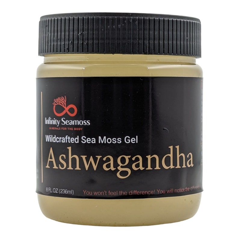 Peut inclure: Un pot noir avec une &eacute;tiquette dor&eacute;e qui indique "Infinity Seamoss Minerals for the Body Wildcrafted Sea Moss Gel Ashwagandha 8 FL OZ (236ml) You won't feel the difference! You will notice the difference!"