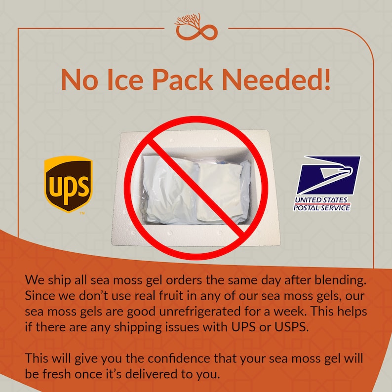 Peut inclure: Une bo&icirc;te en polystyr&egrave;ne blanche avec un cercle rouge et une ligne diagonale qui la traverse. La bo&icirc;te est &eacute;tiquet&eacute;e "No Ice Pack Needed!" et affiche les logos d'UPS et du service postal des &Eacute;tats-Unis. Le texte indique : "Nous exp&eacute;dions toutes les commandes de gel d'algues marines le jour m&ecirc;me apr&egrave;s le m&eacute;lange. Comme nous n'utilisons pas de vrais fruits dans nos gels d'algues marines, nos gels d'algues marines se conservent bien sans r&eacute;frig&eacute;ration pendant une semaine. Cela permet de pallier tout probl&egrave;me d'exp&eacute;dition avec UPS ou USPS. Cela vous donnera la certitude que votre gel d'algues marines sera frais une fois livr&eacute;."