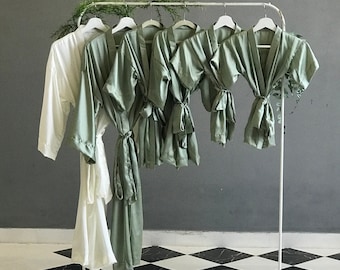 Flower girl proposal junior and plus size bridesmaids robes personalized gifts in silky satin sage olive. Long robes for moms of bride groom