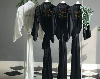 Elegant black personalized bridesmaid robes long ankle/calf length. Custom bridal party long robes for mother of the bride and groom.