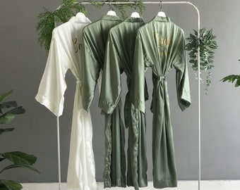 Bridesmaid robes long ankle calf length satin olive sage and personalized. Custom bridal party long robes for mother of the bride and groom