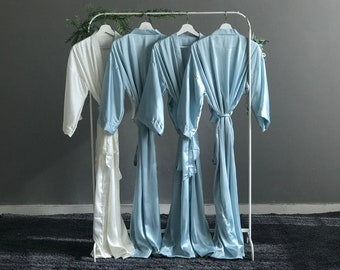Bridesmaid robes long calf ankle length satin ice blue and personalized. Custom bridal party long robes for mother of the bride and groom
