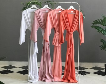 Butter soft Bridesmaid robes in stretch Salmon Coral Mauve Long personalized robes for tall women Mother of the Bride & bridal party gifts.