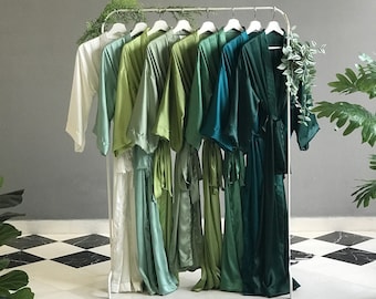 Really long Bridesmaid robes in hues of Sage Olive Emerald Teal Avocado Moss Dusty green Softest silk satin robes for Mother of the Groom.