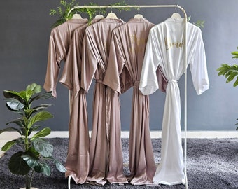 Soft satin Bridesmaid robes in dark mauve in long ankle/calf lengths. Personalized bridal party robes for mother of the groom/bride gifts.