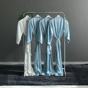 Bridesmaid robes long calf ankle length satin ice blue and personalized. Custom bridal party long robes for mother of the bride and groom