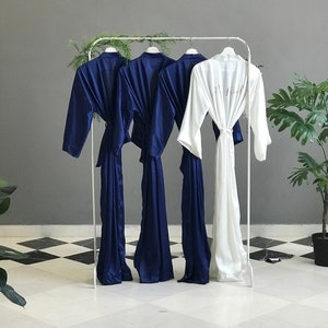 Bridesmaid robes long length in softest navy ice blue silver satin personalized Custom bridal party robes for mother of the bride and groom