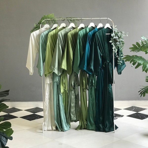 Really long Bridesmaid robes in hues of Sage Olive Emerald Teal Avocado Moss Dusty green Softest silk satin robes for Mother of the Groom.