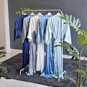 Softest long Bridesmaid robes for mother of the bride/groom & bridal party in Navy Ice Dusty blue Silver White bridal robe in silk satin