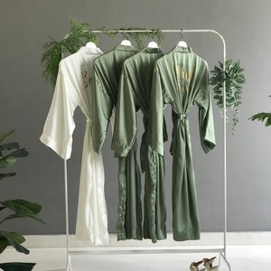 Bridesmaid robes long ankle calf length satin olive sage and personalized. Custom bridal party long robes for mother of the bride and groom