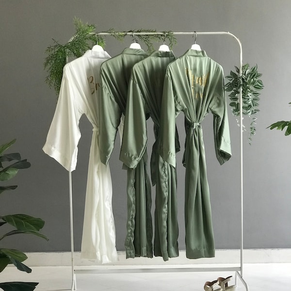 Bridesmaid robes long ankle calf length satin olive sage and personalized. Custom bridal party long robes for mother of the bride and groom