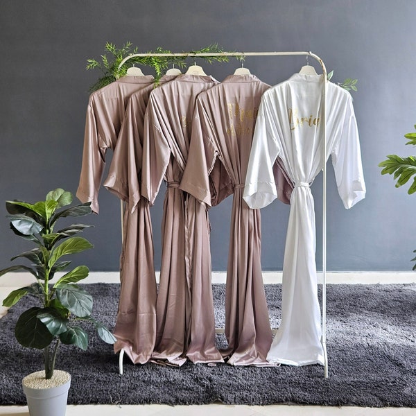 Soft satin Bridesmaid robes in dark mauve in long ankle/calf lengths. Personalized bridal party robes for mother of the groom/bride gifts.