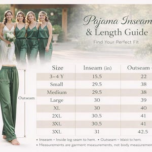 Landscape inseam size guide graphic featuring a bridal party in emerald green satin pajamas walking outdoors at the top. Title reads “Pajama Inseam & Length Guide – Find Your Perfect Fit.” Below, a measurement diagram shows pajama pants with labeled inseam and outseam lines. A table lists sizes from 3–4Y to 3XL with inseam and outseam measurements in inches. Notes explain inseam is inside leg seam to hem and outseam is waist to hem.