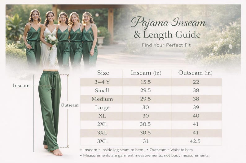Landscape inseam size guide graphic featuring a bridal party in emerald green satin pajamas walking outdoors at the top. Title reads “Pajama Inseam & Length Guide – Find Your Perfect Fit.” Below, a measurement diagram shows pajama pants with labeled inseam and outseam lines. A table lists sizes from 3–4Y to 3XL with inseam and outseam measurements in inches. Notes explain inseam is inside leg seam to hem and outseam is waist to hem.