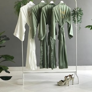Bridesmaid robes long ankle calf length satin olive sage and personalized. Custom bridal party long robes for mother of the bride and groom