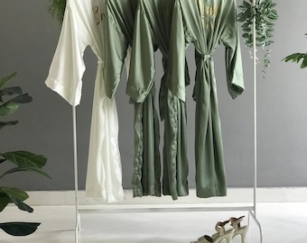 Bridesmaid robes long ankle calf length satin olive sage and personalized. Custom bridal party long robes for mother of the bride and groom