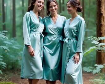 Turquoise Satin Bridesmaid Robes: Personalized Bridal Party Kimono