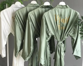 Olive Sage Satin Kimono Robe: Personalized Bridal Party Robe
