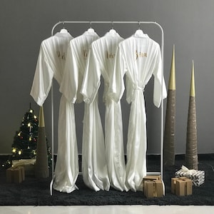 Long Personalized Bride and Bridal party robes in white satin Wedding party Bridesmaid robes in ankle and calf length in assorted colors