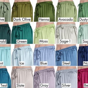 Satin shorts color chart showing a wide selection of bridal pajama colors including Olive, Emerald, Sage, Navy, Dusty Blue, and more. Ideal for mix-and-match bridesmaid pajamas or personalized lingerie sets to suit any wedding theme or bridal party preference.