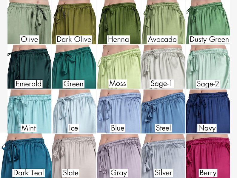 Satin shorts color chart showing a wide selection of bridal pajama colors including Olive, Emerald, Sage, Navy, Dusty Blue, and more. Ideal for mix-and-match bridesmaid pajamas or personalized lingerie sets to suit any wedding theme or bridal party preference.