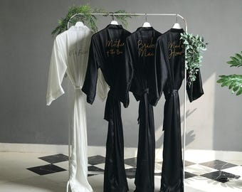 Elegant black personalized bridesmaid robes long ankle/calf length. Custom bridal party long robes for mother of the bride and groom.