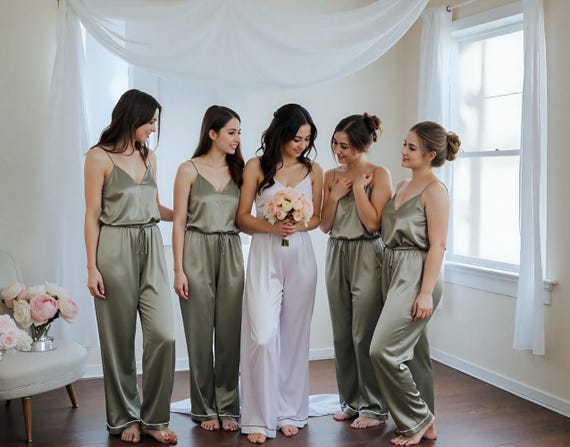 Personalized Bridesmaid & Bridal pajamas Bride getting ready outfit in silky Olive green satin. Chic Bridesmaids proposal Bridal party gifts
