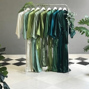 Really long Bridesmaid robes in hues of Sage Olive Emerald Teal Avocado Moss Dusty green Softest silk satin robes for Mother of the Groom.