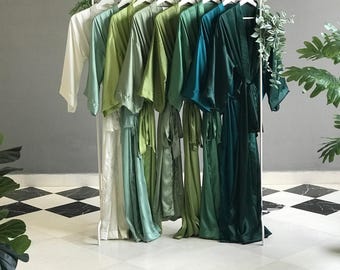 Really long Bridesmaid robes in hues of Sage Olive Emerald Teal Avocado Moss Dusty green Softest silk satin robes for Mother of the Groom.