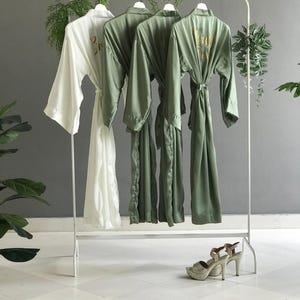 Softest silky satin very long personalized bridesmaid robes for tall women/ girls/Mother of the Groom/Bride for extra coverage in olive sage