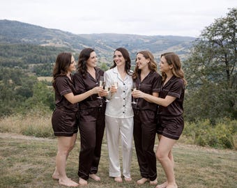 Brown satin Bridesmaid Pajamas, Personalized Bridal outfits, Shirt, shorts and pants.