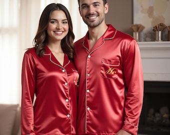 Personalized Satin Couple Pajamas: Matching Lounge Sleepwear