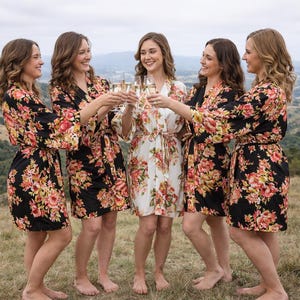 Black Floral Bridesmaid Robes - Cotton Knee-Length kimono Wrap Style.