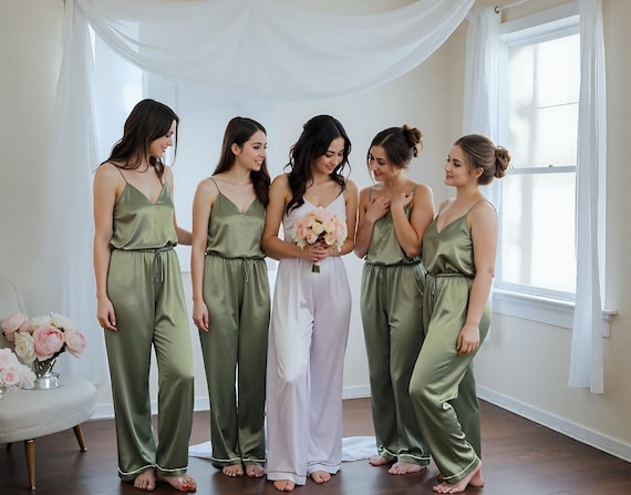 Personalized Bridesmaid & Bridal pajamas Bride getting ready outfit in silky Olive green satin. Chic Bridesmaids proposal Bridal party gifts