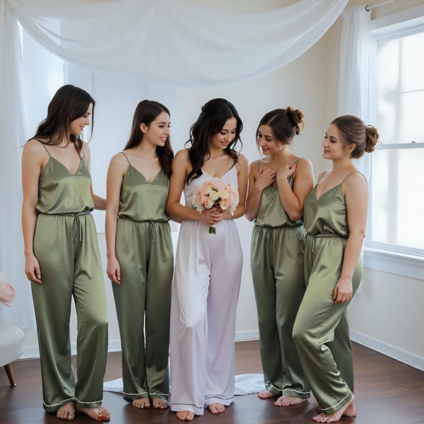 Personalized Bridesmaid & Bridal pajamas Bride getting ready outfit in silky Olive green satin. Chic Bridesmaids proposal Bridal party gifts