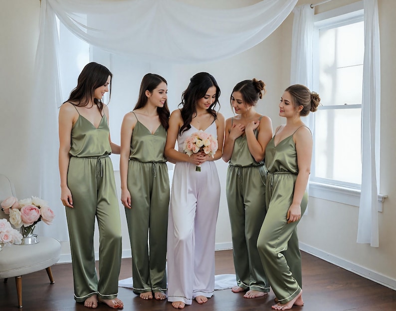 A bride in white satin bridal pajamas holds a bouquet, surrounded by her bridesmaids in matching olive green camisole pajama sets. The luxurious satin outfits feature full-length pants and a relaxed fit, perfect for getting-ready moments and bridal party gifts. A chic example of personalized women's clothing for weddings.